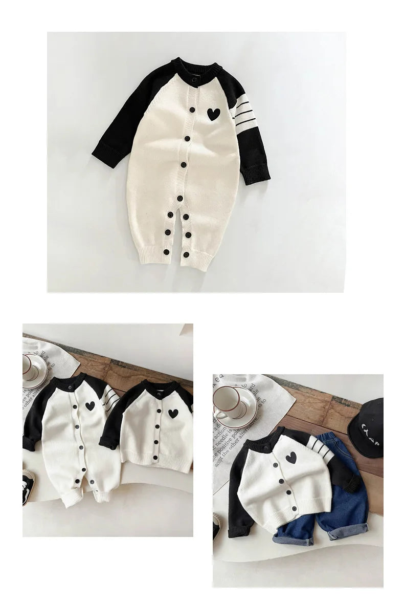 2025 Autumn New Baby Long Sleeve Patchwork Romper Infant Baby Heart Knitted Jumpsuit Cotton Newborn Toddler Casual Clothes 6M-3T