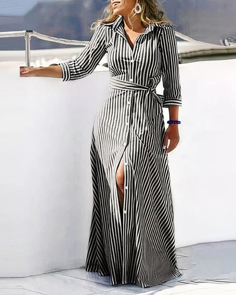 Women Casual Shirt Dress V-Neck Irregular Print Slit Midi Dress Summer Fashion Elegant Beach Vacation Female Clothing