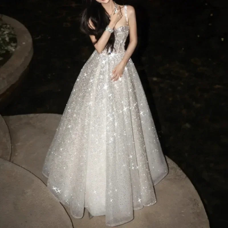 Customized  Sequined Special Events A-Line Evening Dress Spaghetti Straps Sweetheart Beach Backless Bridal Dress Robes De Soirée