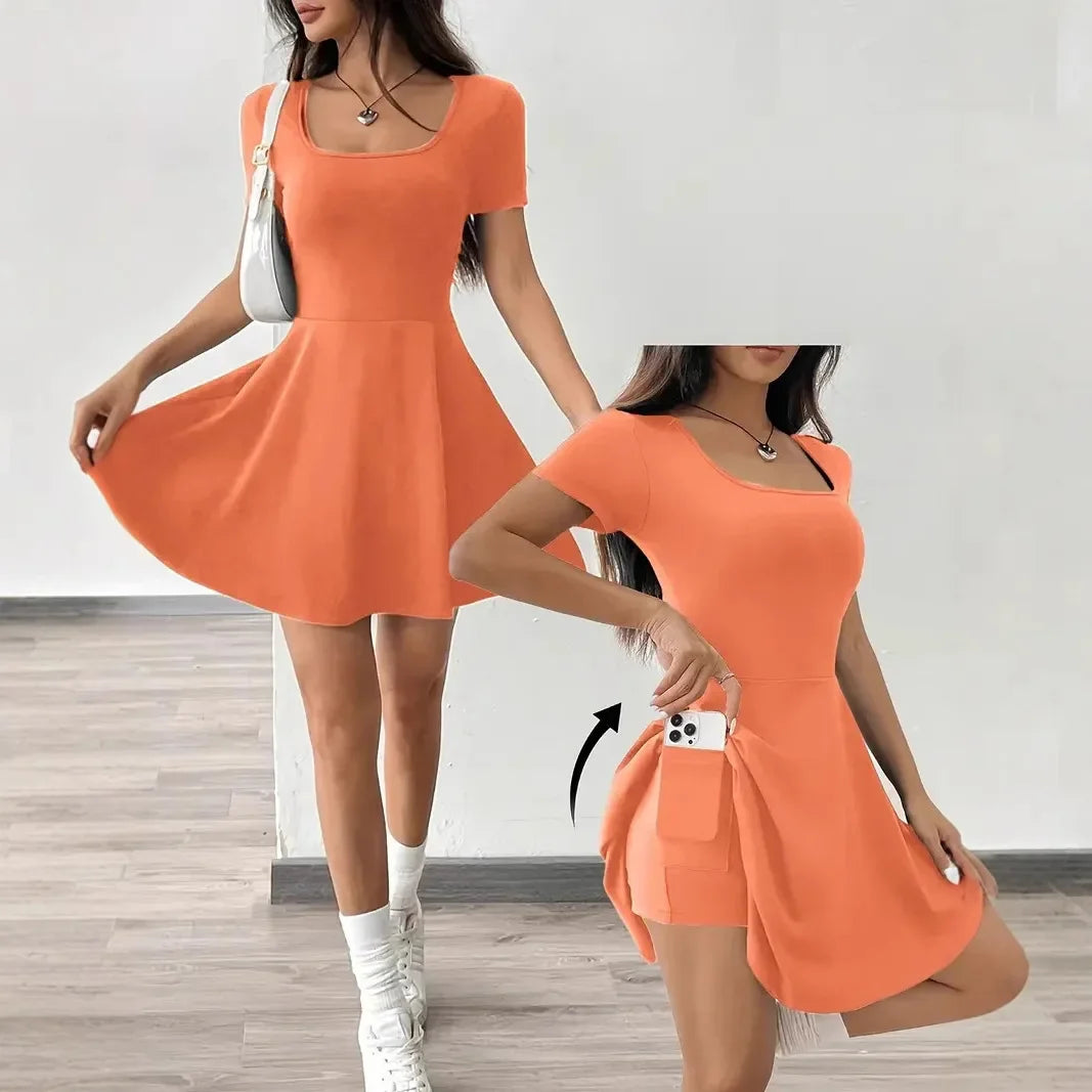 Summer 2025 Brown Knitted Short Casual Dress Mini Skirt Length Polyester Fiber Square Collar Empire Waistline Regular Sleeve