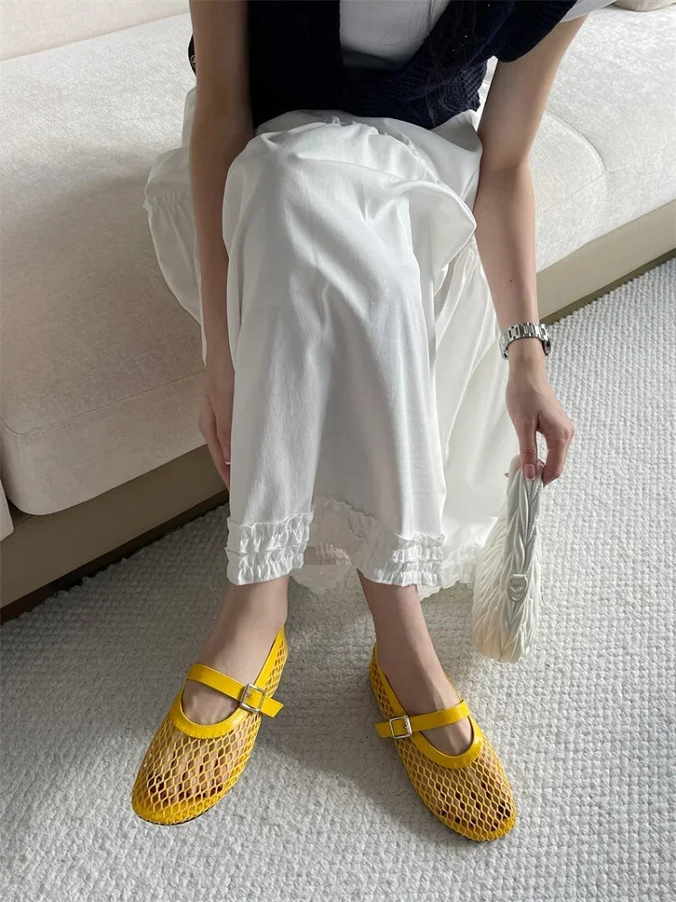 Aneikeh BIG Size 35-43 Jelly Color Fishing Ballet Dance Women's Mesh Buckle Flat Hollow Out Retro Mary Jane Shoes