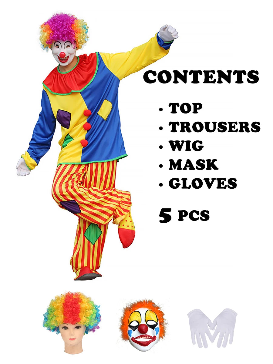 Halloween Costumes Kids Adults Circus Clown Joker Cosplay Outfits Colorful Fancy Clothes Party Entertaining Dress Up