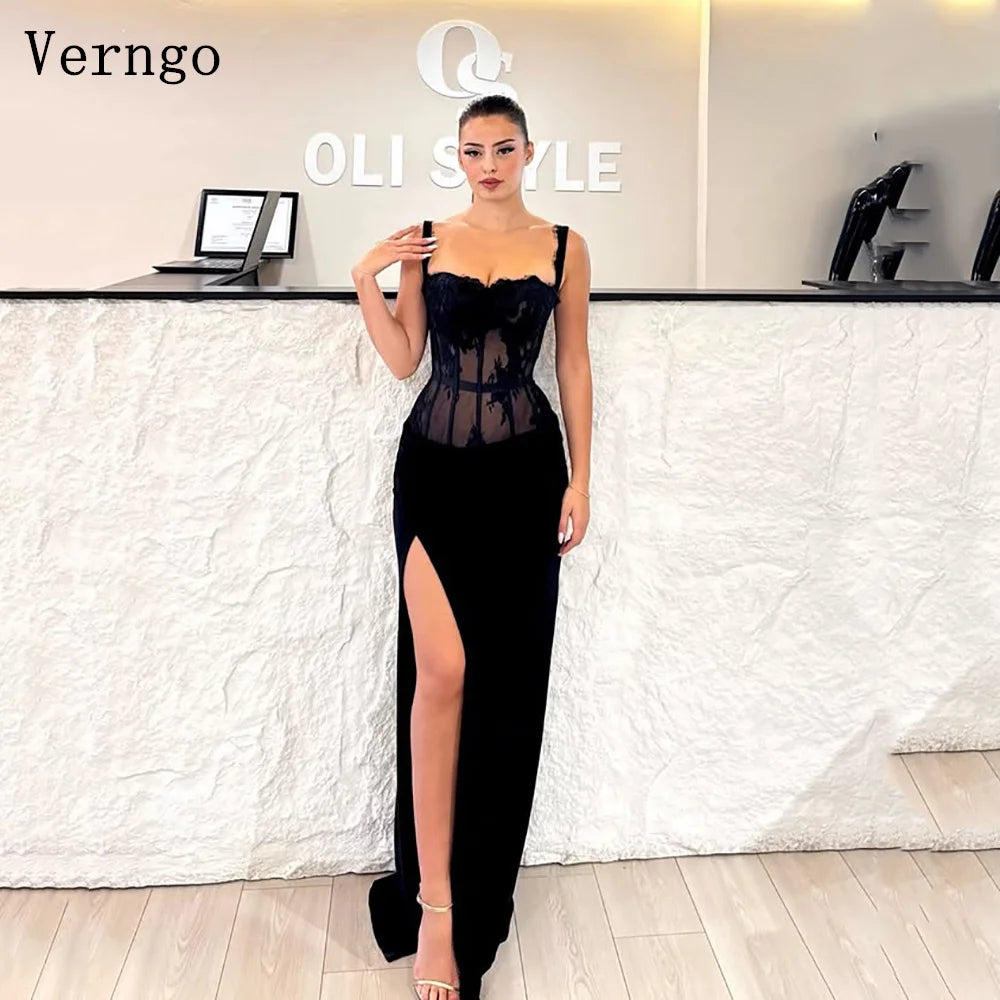 VerngoBlack Chiffon Elegant Evening Dress Spaghetti Straps Mermaid Side Slit Party Dress Sexy Arabia Prom Gown Customized