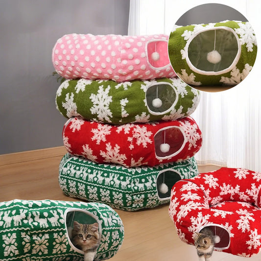 Round Donut Cat Beds Christmas House Soft Plush Pet Mat for Puppy Cushion for Cats To Hide 2 in 1 Tunnel Cats Sleeping Sofa Noel