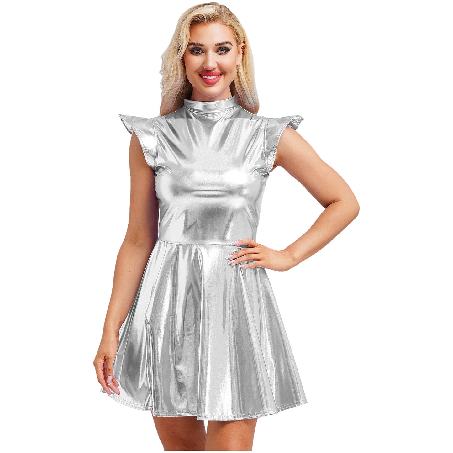 Womens High Waist A-line Dress Shiny Metallic Mock Neck Cap Sleeve Dress Modern Pole Dance Rave Party Bar Club Wear Street Wear