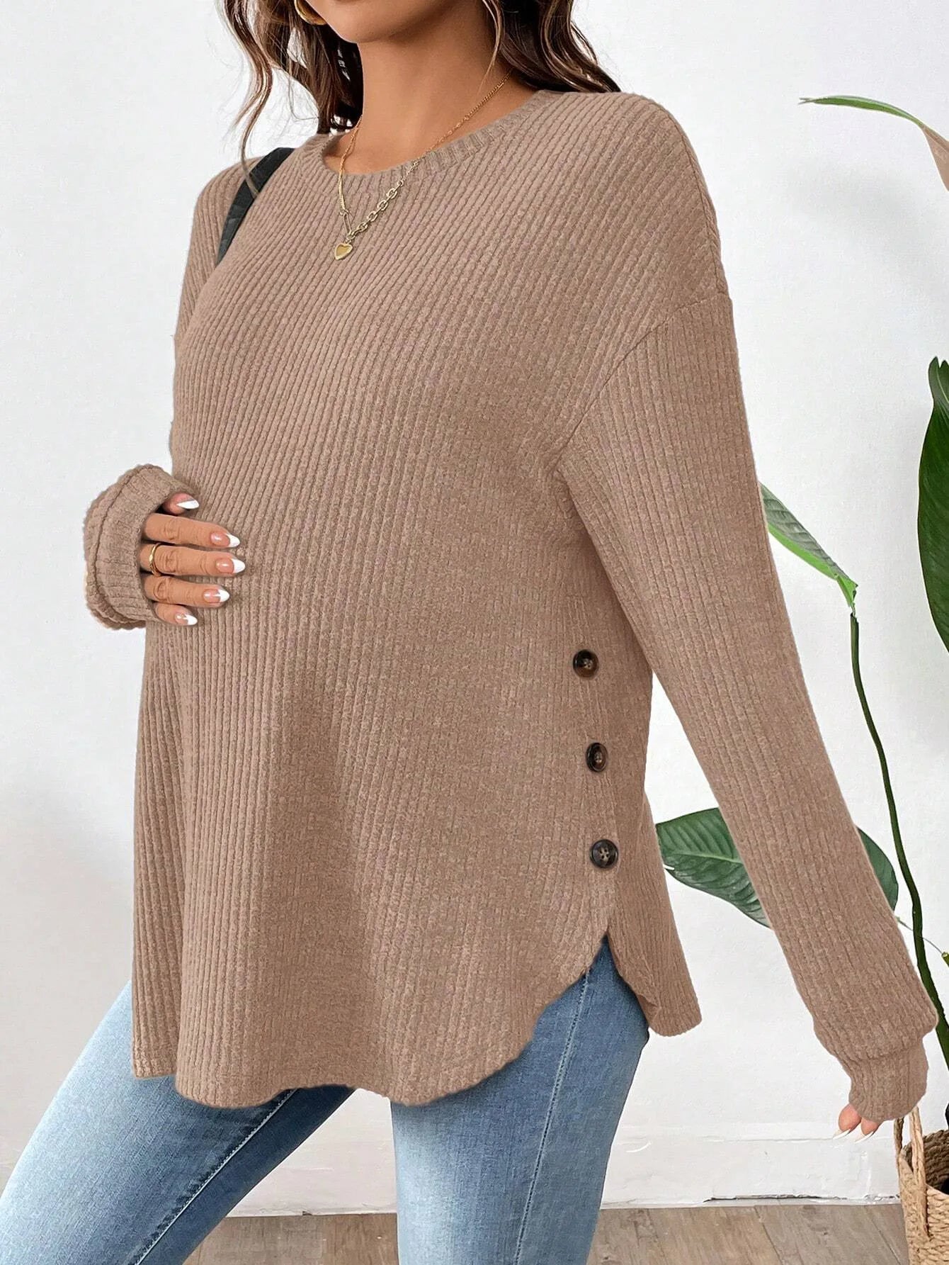 Pregnant Women's New Top For Autumn And Winter Casual Pullover Round Neck Long Sleeved Button Sweater