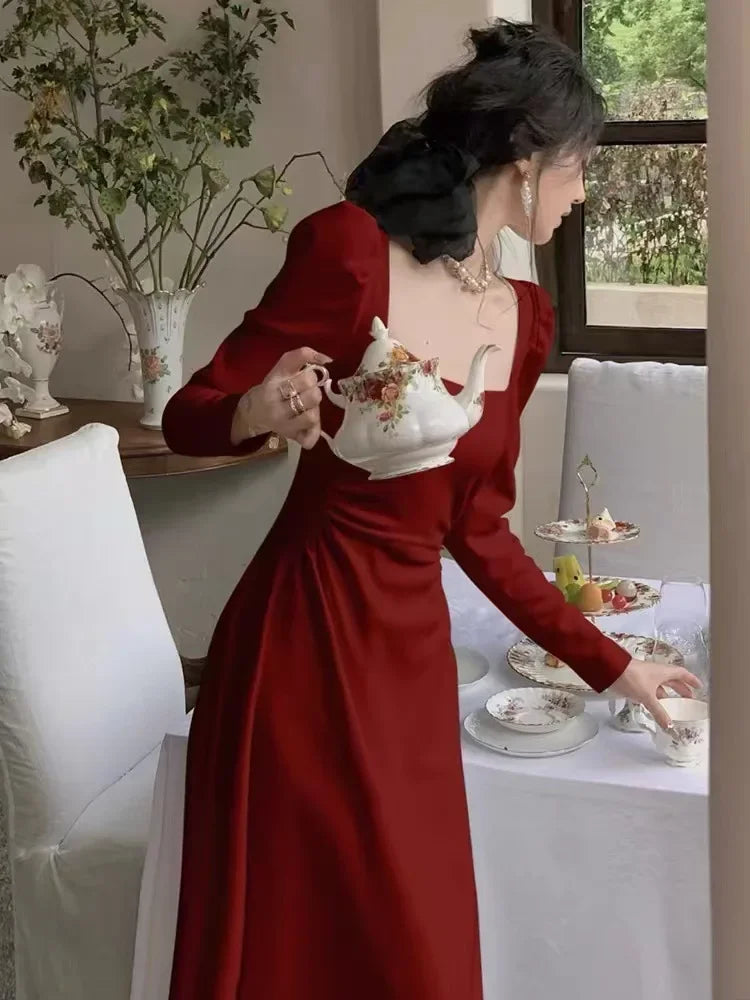 Red Long Sleeve Dress Wedding Dress Spring Autumn French Style Engagement Party Drinking Ceremony Bridal Gown Everyday Wear