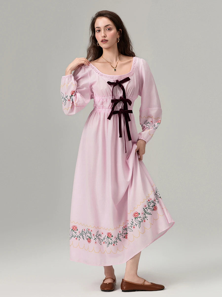 Women's 2024 Summer Boho Square Neck Front Bow Midi Dress Lady Vintage Puff Long Sleeve Plaid Ruffle Backless Maxi Dress