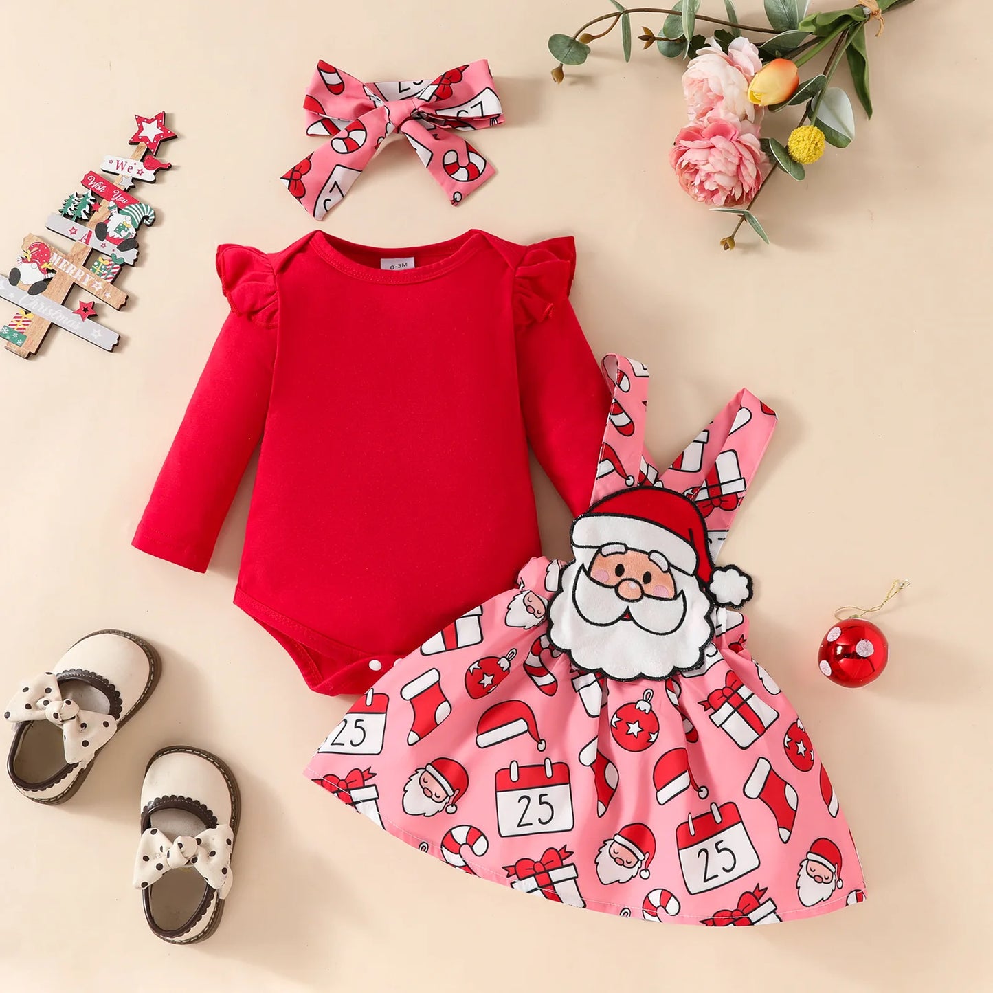 Prowow Baby Girls Christmas Outfits Set Red Bodysuit+Plaid Deer Suspender Dress Set 3pcs My First New Year Costume For Baby 2026