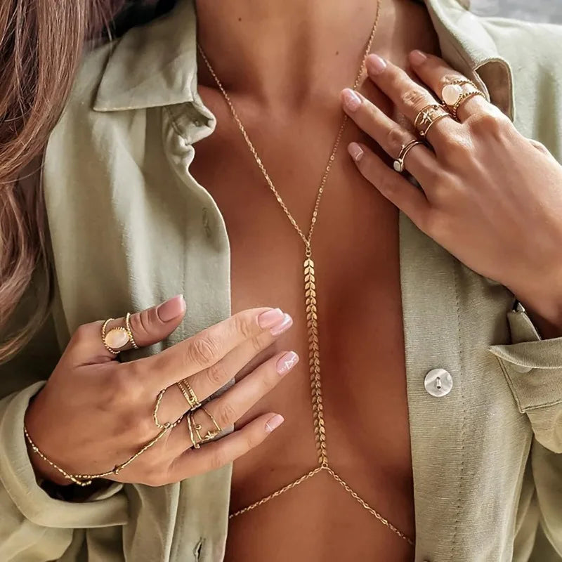 Sexy Body Chains for Women Mom, 14K Gold Layered Belly Waist Chain Bikini Bra Chain, Summer Beach Rhinestone Body Jewelry
