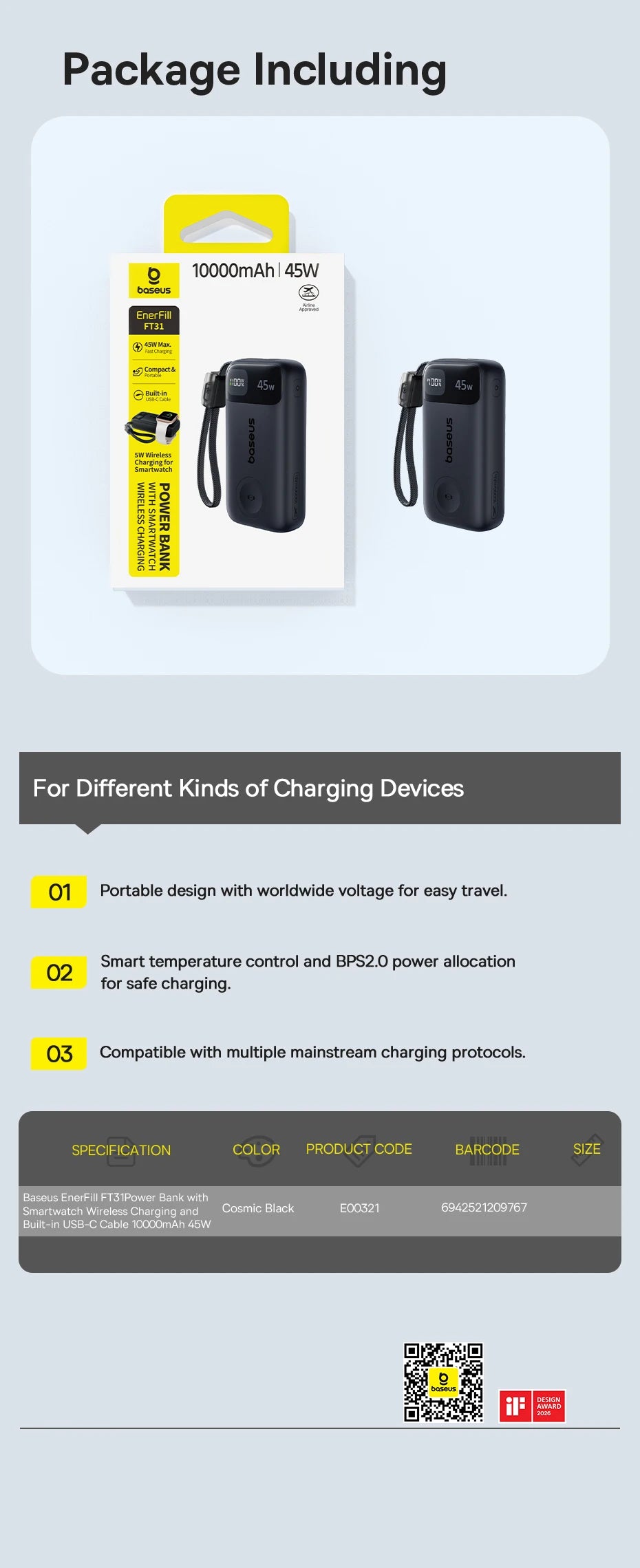Baseus 45W 10000mAh Power Bank with 5W Magnetic Wireless Charging for iWatch & AirPods External Battery For iPhone 17 16 Pro Max