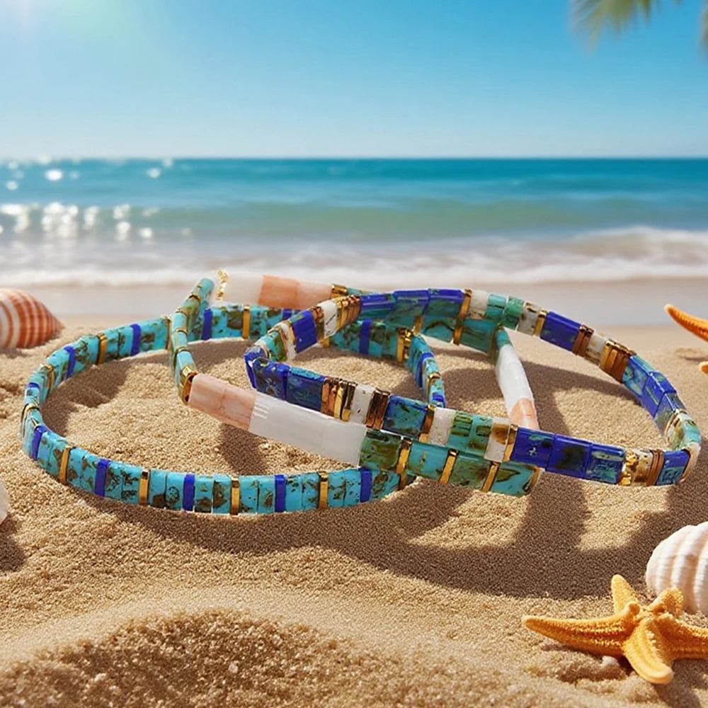 3PCS Colorful Tile Beaded Bracelet Set for Women Girls, Boho Square Beads Stretch Bracelets Summer Beach Holiday Fashion Jewelry