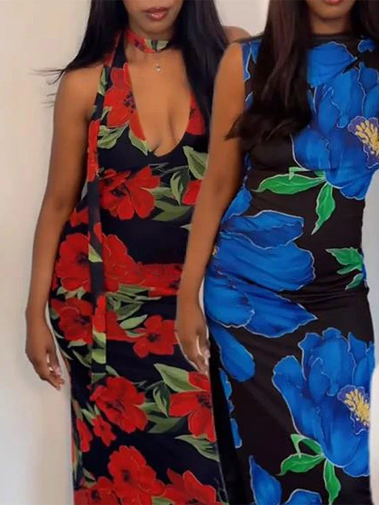 Sexy Flower Print Top Long Skirt Set Women Slim Ruffle Strap U-neck Top Loose High Waist Skirts  Fashion Summer Party Suit