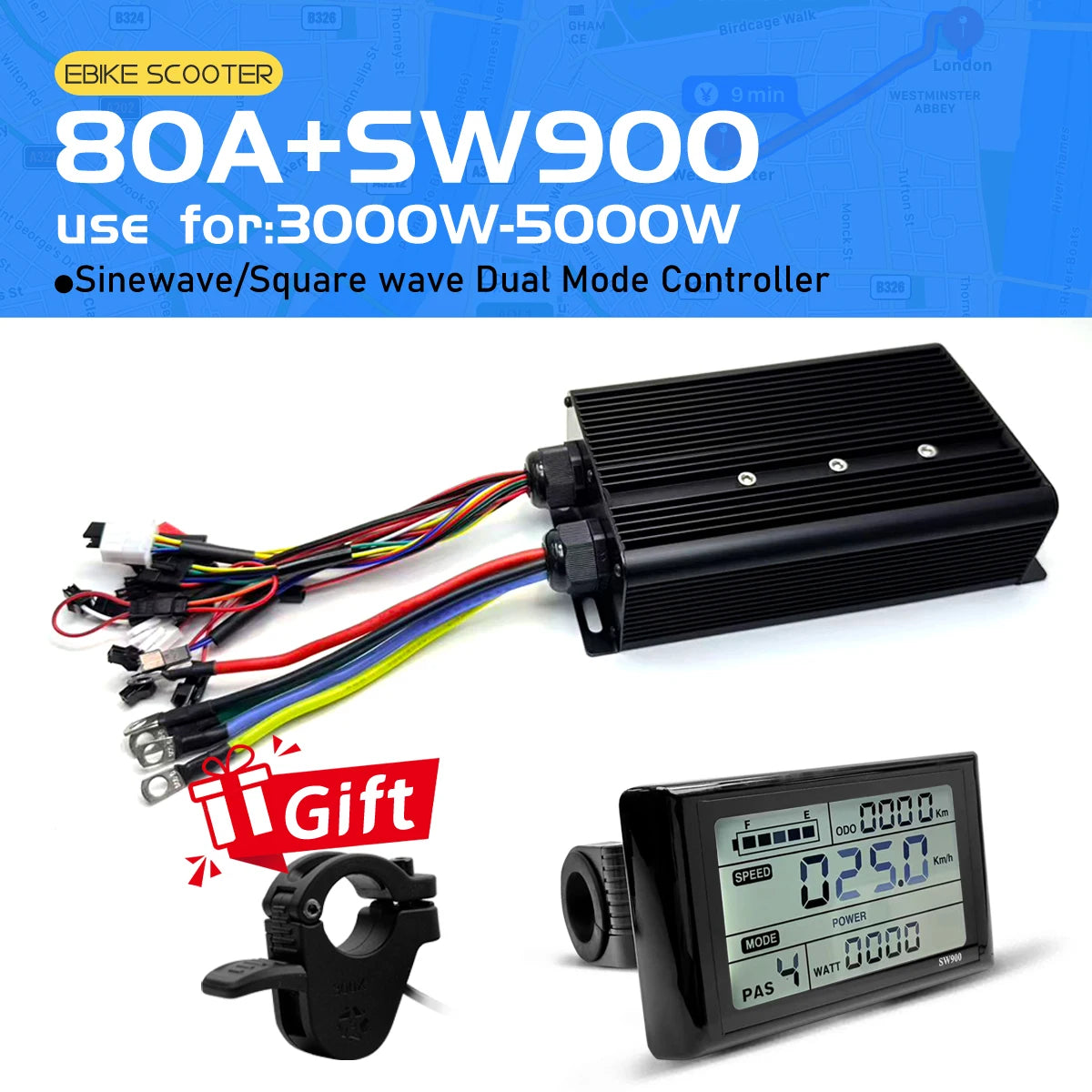 Electric Bicycle 80A BLDC Sine Wave/Square Wave 3 Mode Controller 48V72V3000W5000W Throttle PAS E-Brake Display for Ebike Scoote