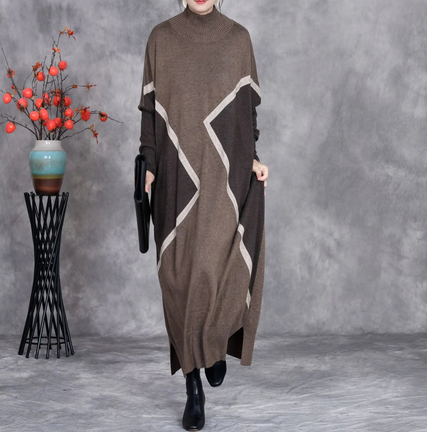 Johnature 2025 Woman Autumn New Fashion Mock Neck Loose Long Sleeves Dress Chinese Style Contrast Batwing Sleeve Casual Dress