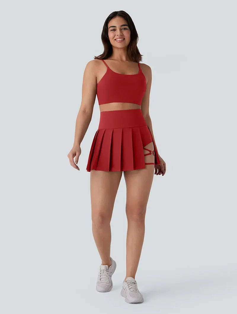 Women Inside Safe Shorts Tennis Skirts Red Cross Bandage Running Sports Pleated Skirt Woman High Waist Fitness Yoga Mini Skirts