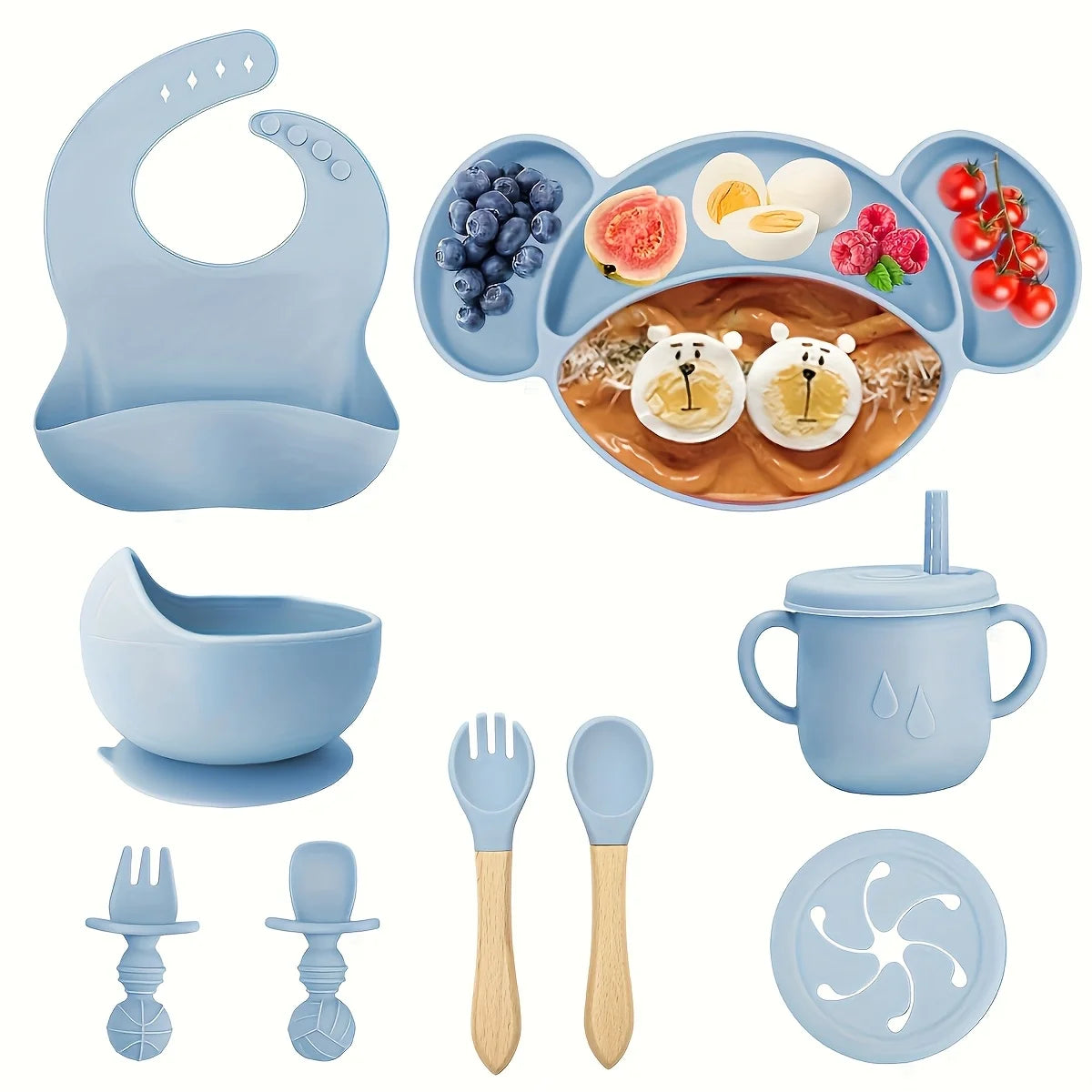9-piece silicone feeding tableware set for babies and mothers, specially designed for babies to learn to eat