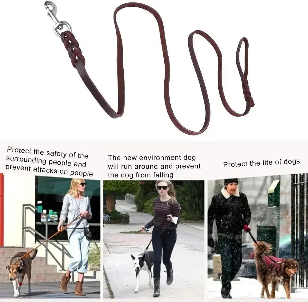 Handmade Genuine Leather Braided Dog Leash Heavy-Duty Training Lead with Metal Hook for Medium/Large Pets Dog Collar