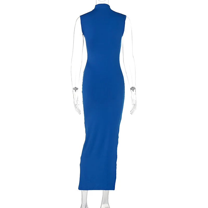 YUZHEXI elegant sleeveless ruched midi dress women commuter bodycon solid color robe black red pink split clothes summer
