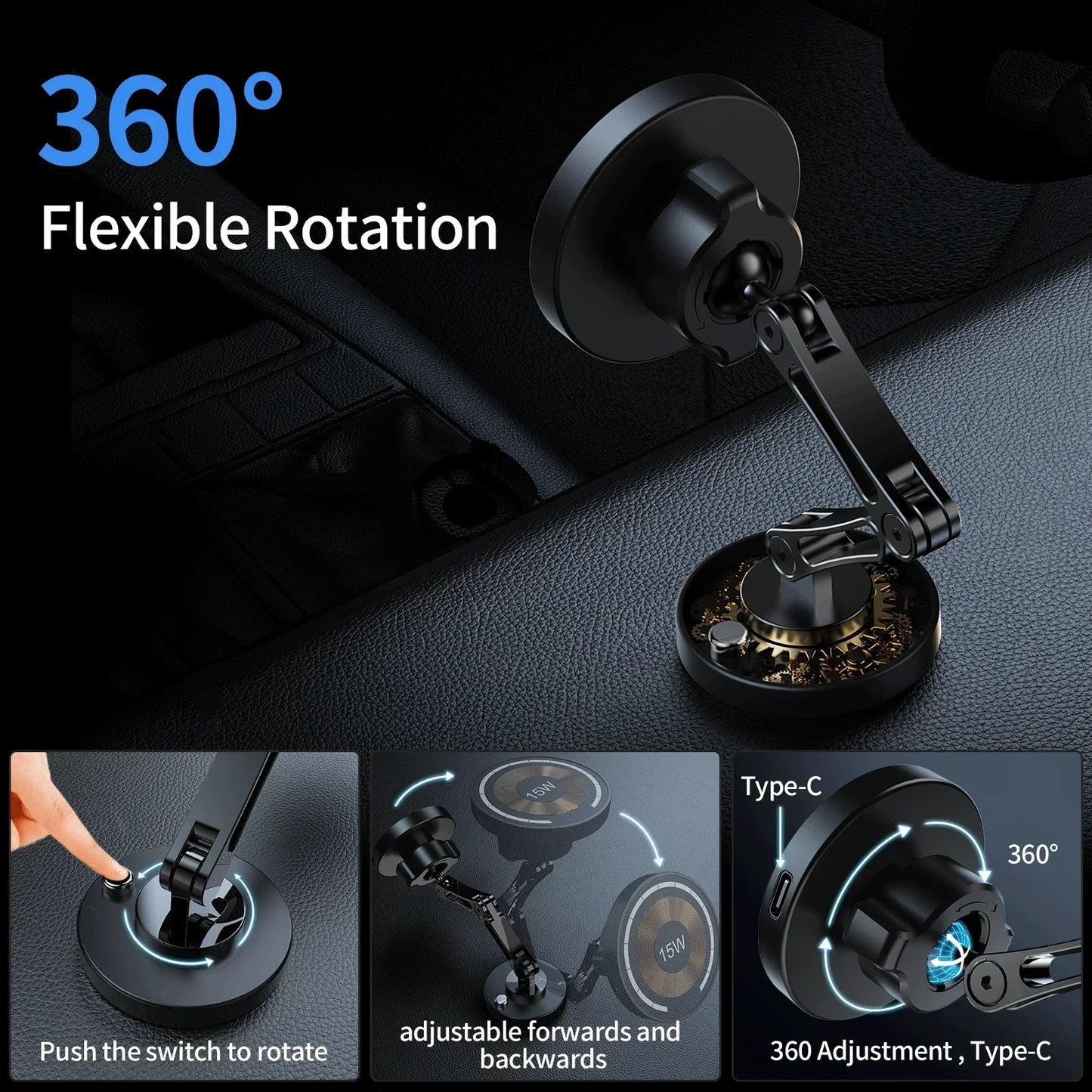 15W Magnetic Car Phone Holder Mount Wireless Charger Fast Charging Rotation Magnetic Car Phone Stand for IPhone 16 15 14 13 12
