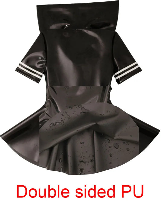 XS-4XL New Double PU Leather Hot Dress Wet Look PVC Short Sleeve Sailor Collar Cosplay Dresses A-line Uniform Minifalda Vestido