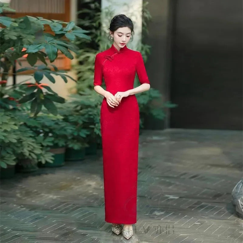 Female Large Size 6XL Maxi Dress Summer Lady Fashion High Fork Long Dresses 2025 Women Solid Color Five Divide Sleeves Cheongsam
