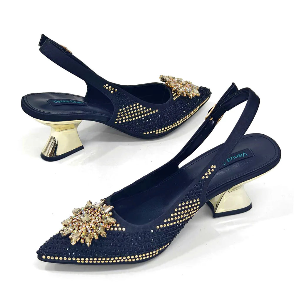 2024 New Designer Specials Italian Women Heels Shoes and Bag Set Royal Purple Color Comfortable With Rhinestone for Party