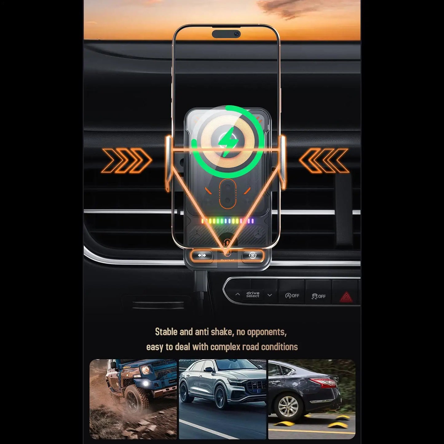 Car Holder With Dualed Motor Electric Rotating Opening Closing Mobile Phone Holder Wireless Fast Charging Phone Bracket