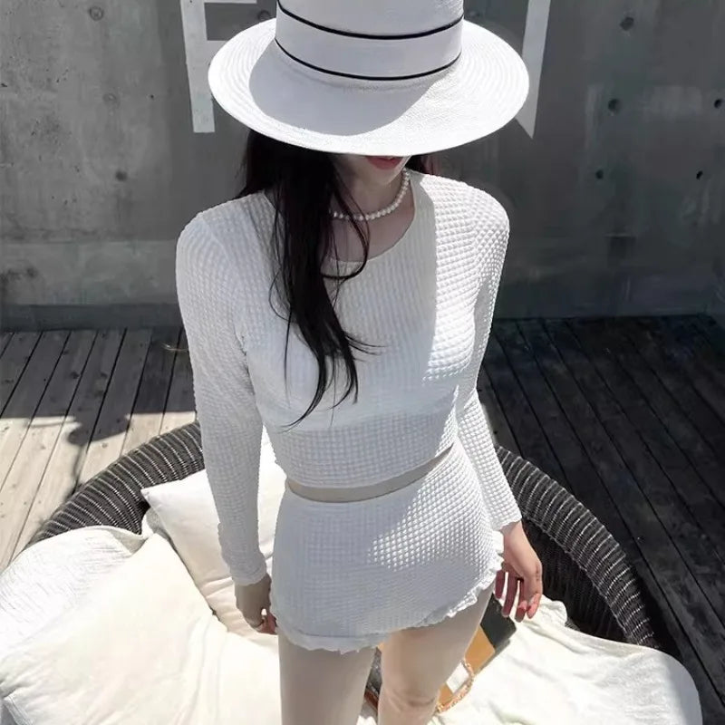 Women's Long Sleeve Conservative Swimsuit Sexy Slim High Waist Tummy Control Fashion Textured Waffle Bathing Suit New Arrival