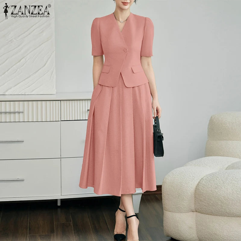 ZANZEA Vintage Outfits Women Fashion Office Dress Sets Solid Shirts A-Line Pleated Maxi Skirts Casual Suits 2025 Matching Sets