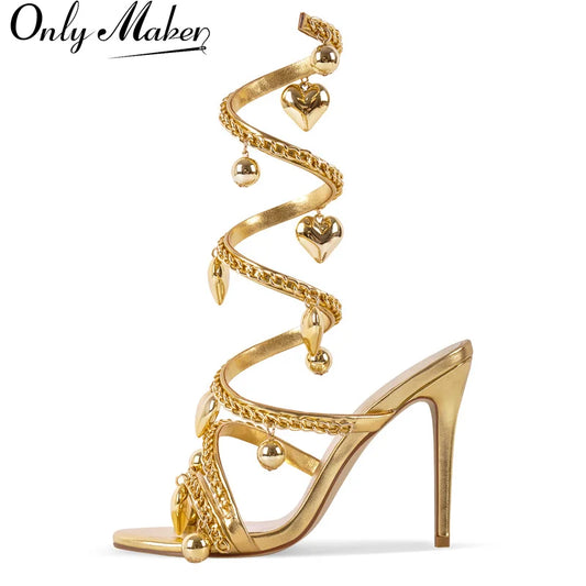 Onlymaker Women Round Toe Gold Metal Chain Pendant Wrap Strap Sandals Heels Slingback Stiletto 10CM Heeled Sandals