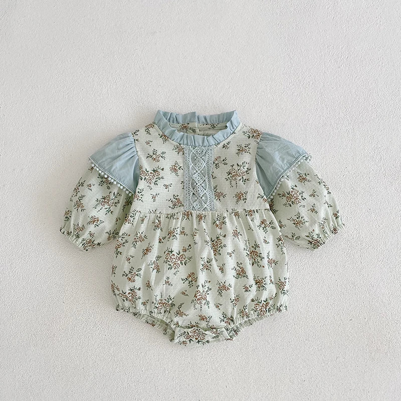 0-3Y Baby Autumn Clothes Retro Lace Infant Bow Ruffle Collar Long Sleeves Bodysuit Kids Girls Floral Print Casual Cotton Onesie