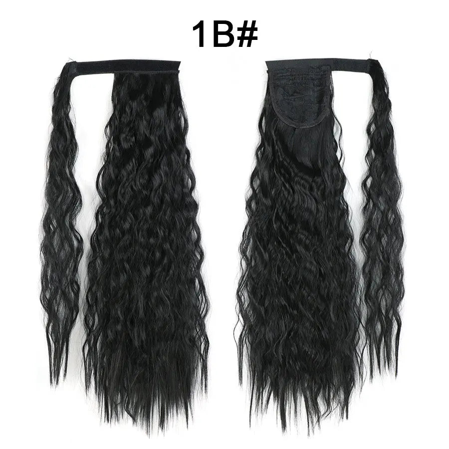Synthetic Long Corn Wave Ponytail Extension Magic Paste Heat Resistant Wavy Wrap Around Ponytail Black Hairpiece for Women