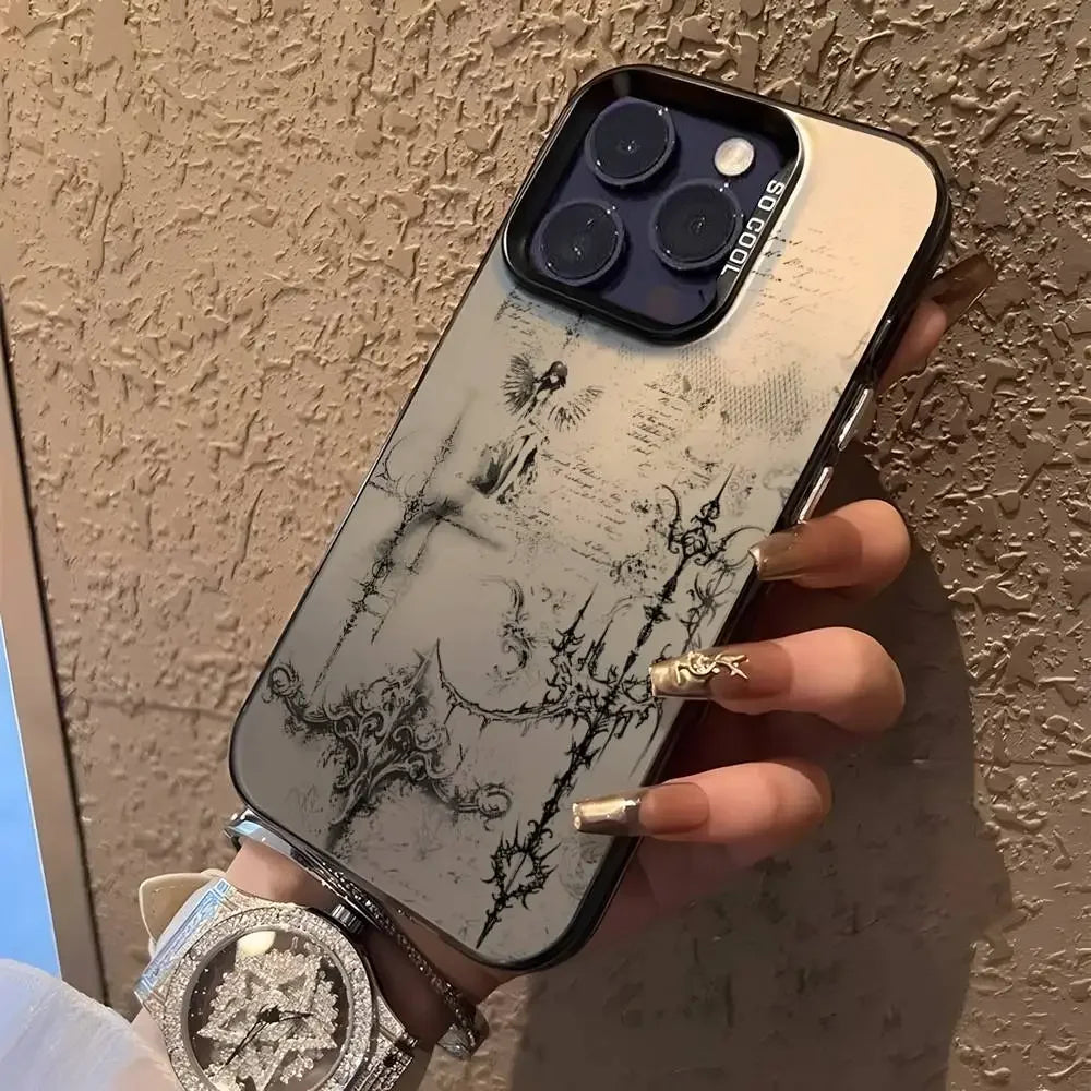 Vintage Gothic Cross Angel Pattern Design Protective Cover for iPhone 17 16 15 14 13 12 11 16E Series Pro Max Plus