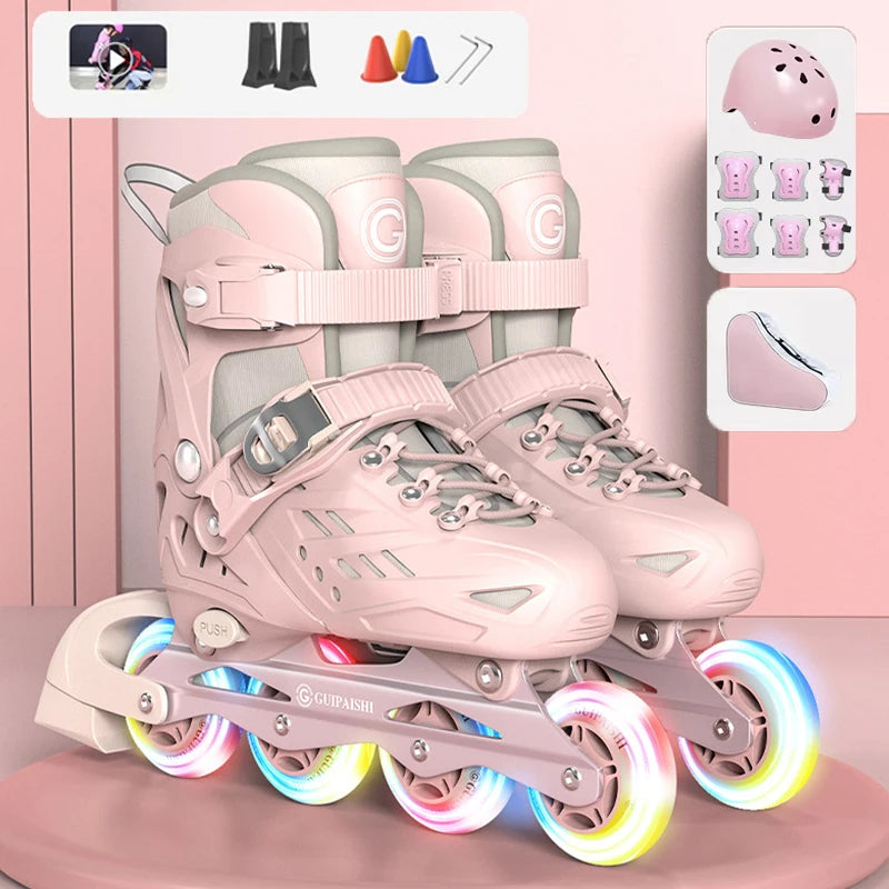 4 Wheels Flashing Inline Skates with Full Protective Gear Set Helmet Knee Pads Elbow Pads Carry Bag Adjustable Size for Boy Girl