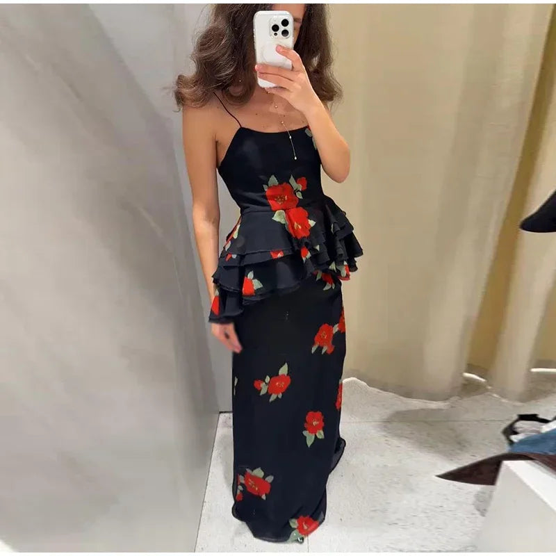 Sexy Flower Print Top Long Skirt Set Women Slim Ruffle Strap U-neck Top Loose High Waist Skirts  Fashion Summer Party Suit