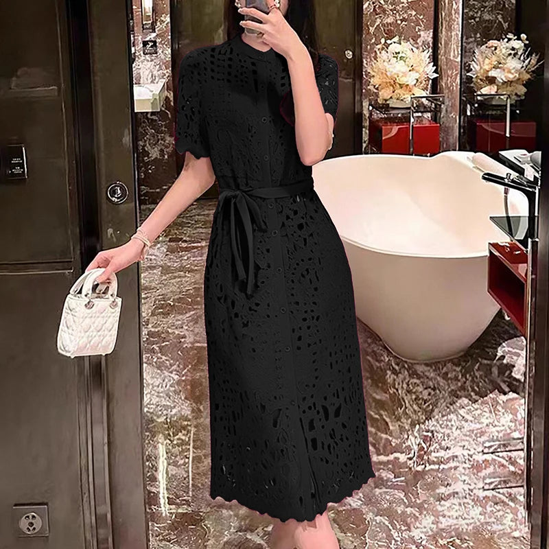 ZANZEA Elegant Lace Sundress Women Vintage Lace-Up Office Dress 2025 Summer Solid Hollow Out Vestidos A-Line CasualRobe Femme
