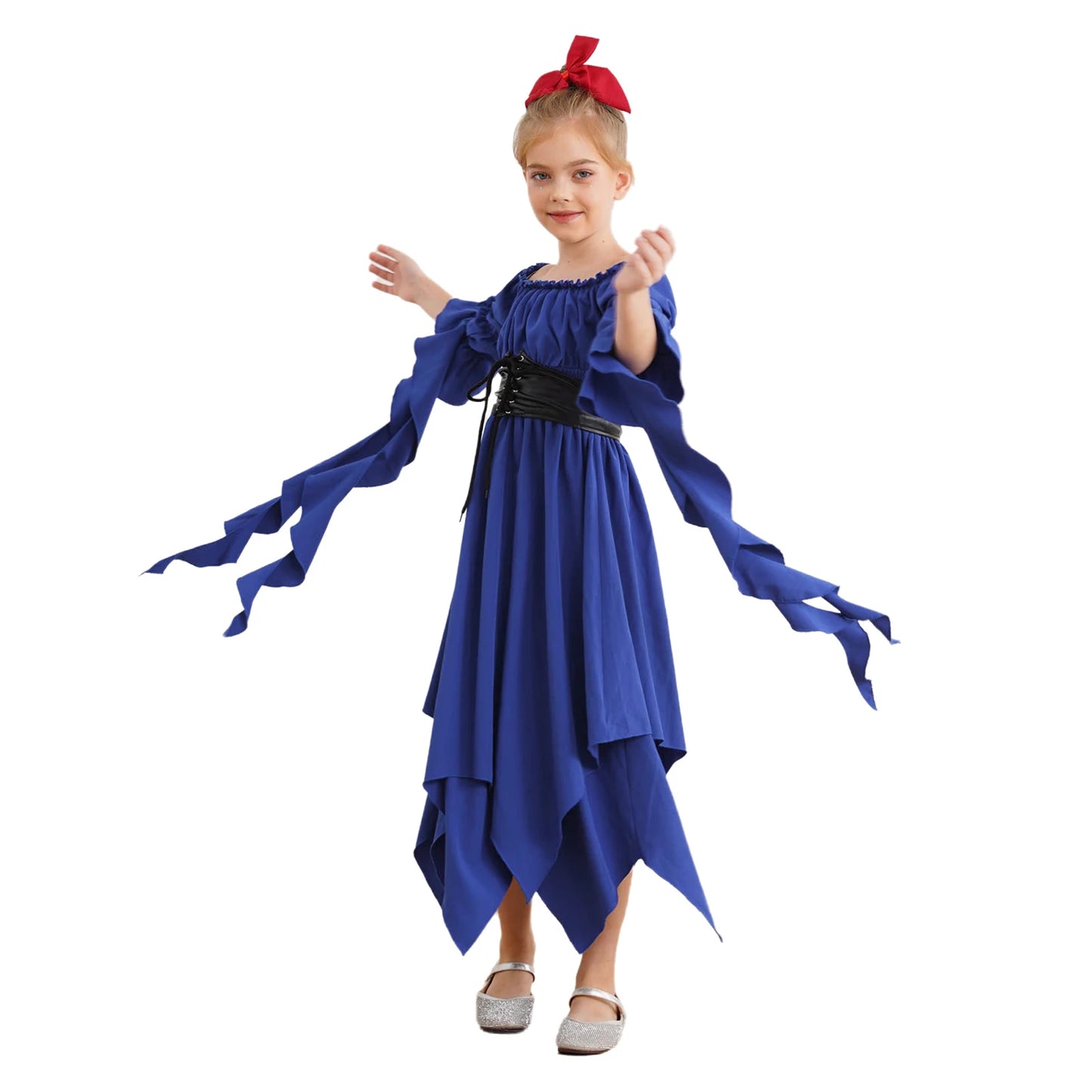 Girls Halloween Medieval Renaissance Witch Vampire Cosplay Costume Victorian Gothic Dress Off Shoulder Smocked Irregular Gown