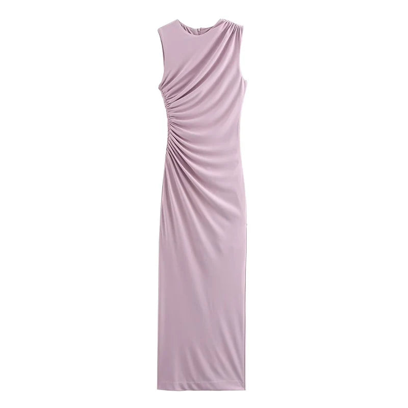 Autumn O-Neck Sleeveless Mesh Pleated Midi Dress Women Back Zipper Decoration Slim Vest Dress Female Sexy Elegant Wear 2025 New