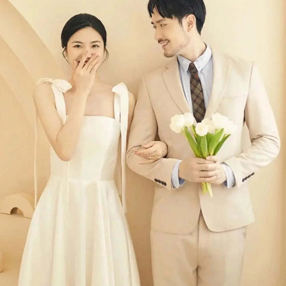 Square Neck Dress Elegant Satin Lace-up Wedding Dress with Bow Detail Square Neckline A-line Silhouette for Filming for Women