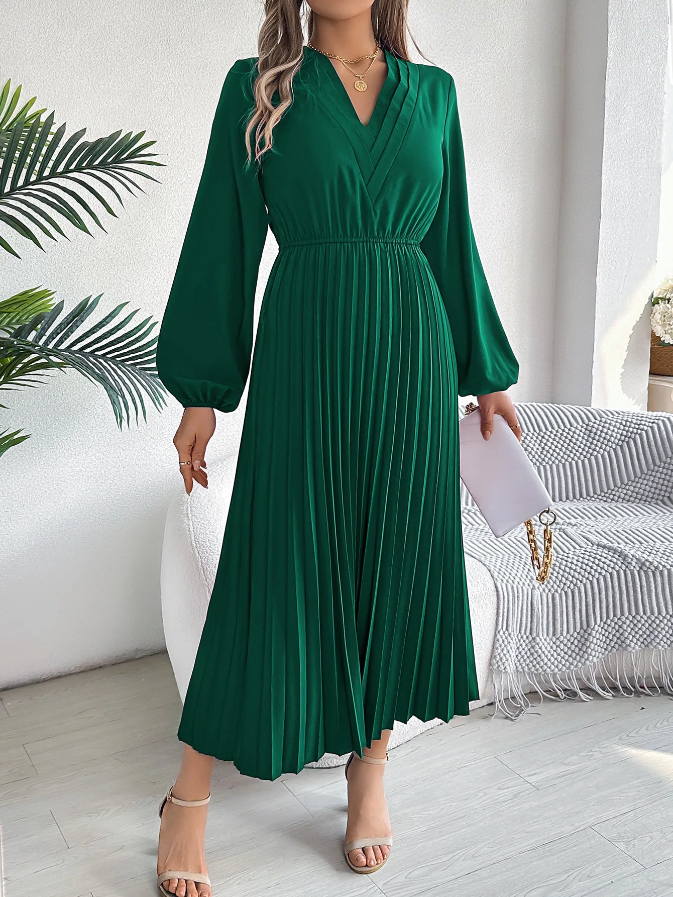 Women's Elegant Solid Color V-Neck Waist-Cinching Long Sleeve Midi Dress with Pleated Ruffles | Spring Autumn Fashion