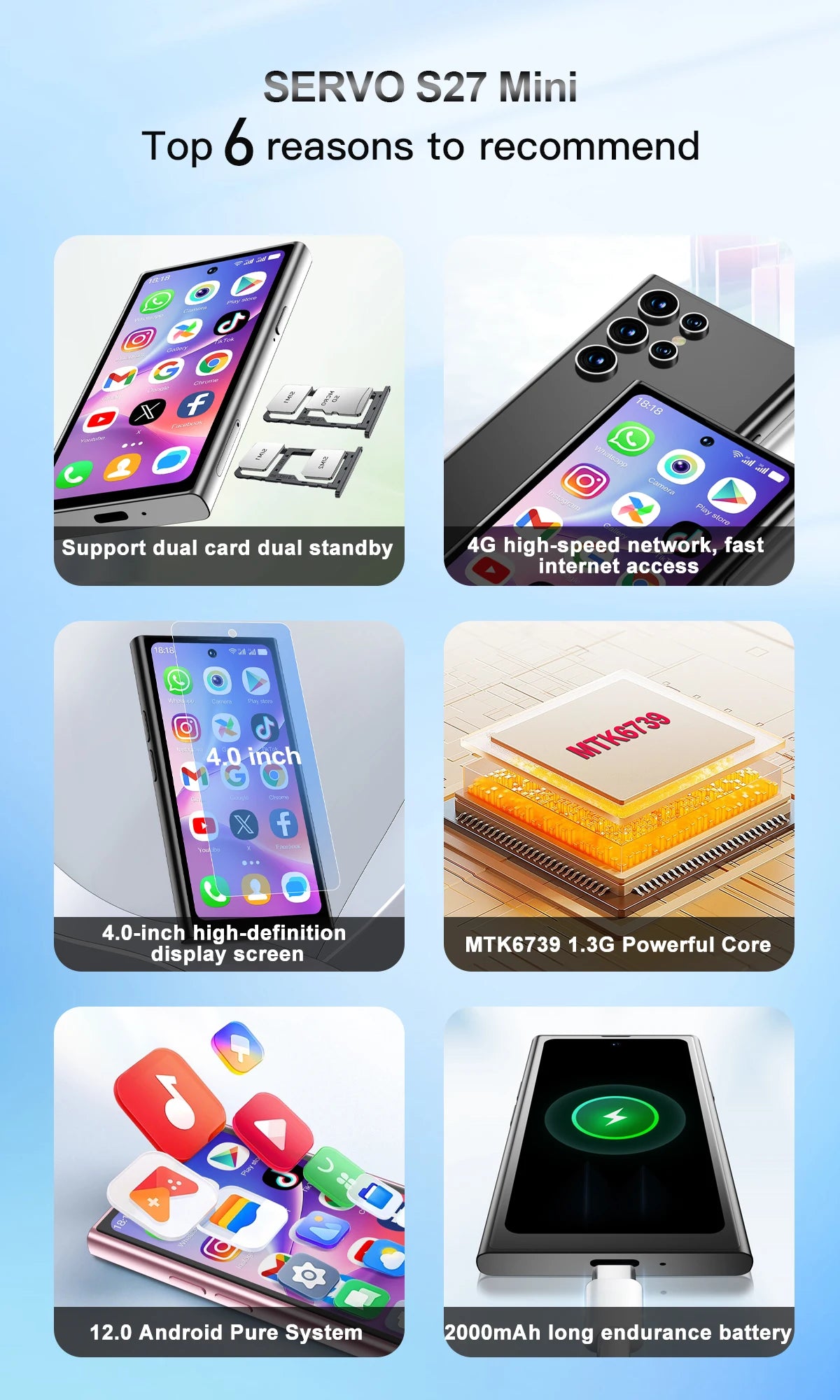 SERVO S27 Mini Android OS Cute Smartphone 4G LTE 3GB+64GB Play Store GPS WiFi Face ID 4.0"  Small Smart Phones Dual SIM Standby