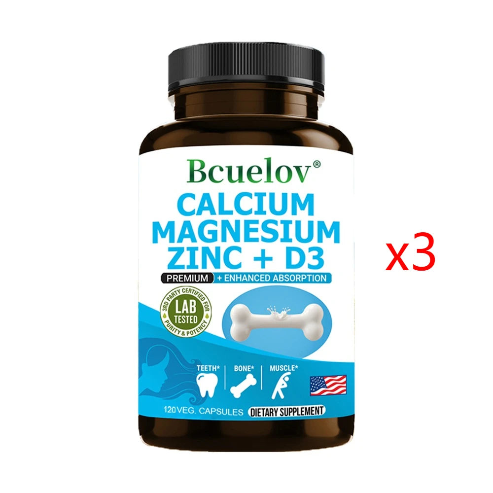 Calcium + Magnesium + Zinc + Vitamin D3 Capsules - Supports Bone and Nervous System Health and Improves Mood