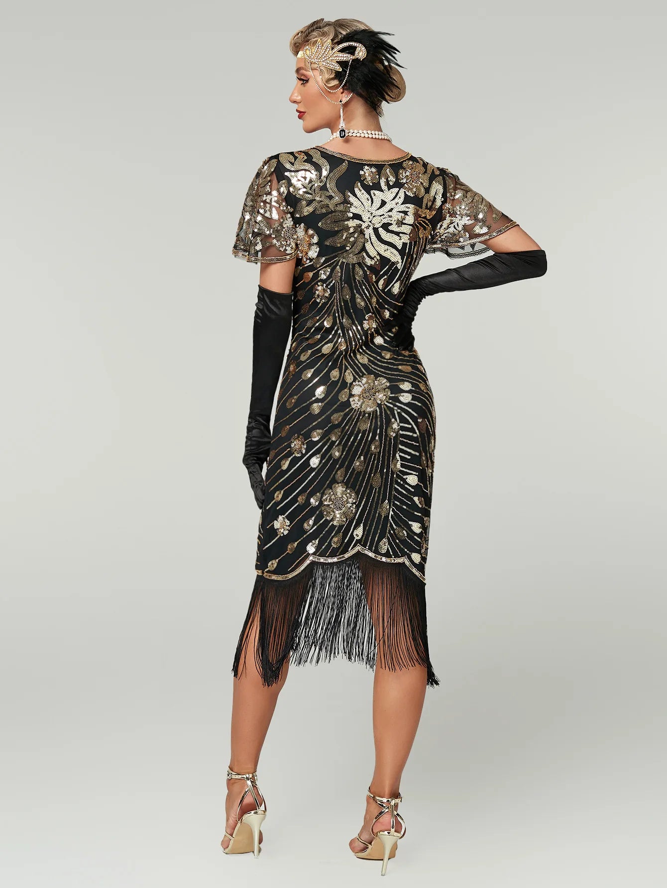 1PC Woment's Elegant Glam 1920s Fringe Sequin Flapper Dress Roaring 20s Gatsby Party Cocktail Dress with Short Sleeves for Women