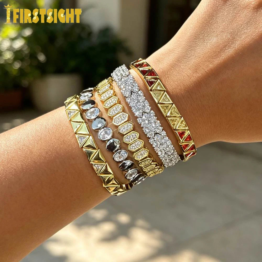 New Iced Out Bling CZ Geometric Stretchy Stretch Double Tennis Chain Bracelet Adjusted Size Bangle For Women Fashion Jewelry
