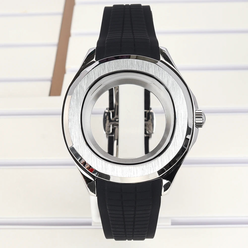 42mm Silver NH35 Watch Case Polished Brushed Black strap SapphireGlass For Nautilus AQUANAUT Cases Part NH35 NH36 NH38 32mm Dial