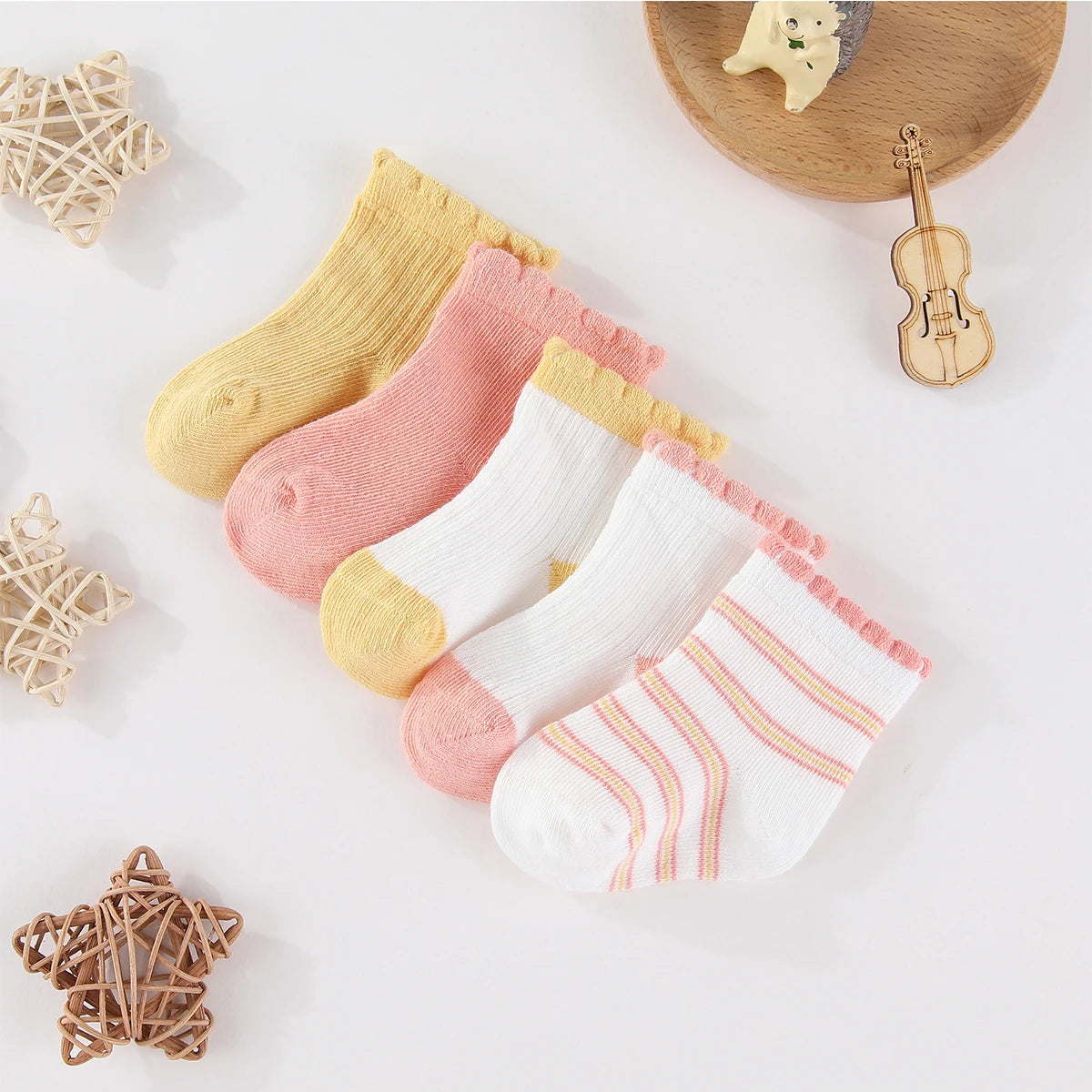 Kiddiezoom 5 Pairs Fashion Newborn Baby Boy Girl mid-calf Socks Cotton Soft Breathable Infant Accessories Four Seasons 0-12M