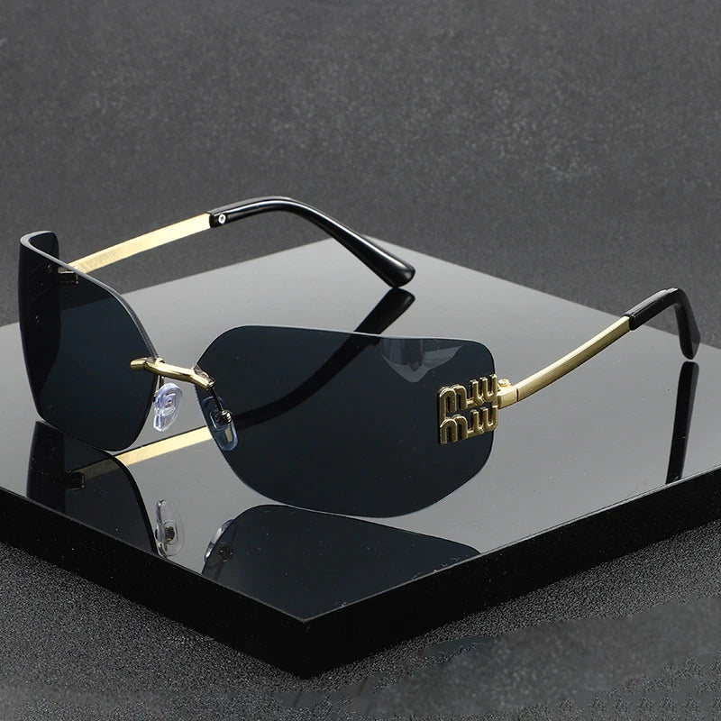 Women Brand Designer Rivets Rectangle Gradient Curved Shades Classic Sun Glasses Female Funky Metal Luxury Rimless Sunglasses