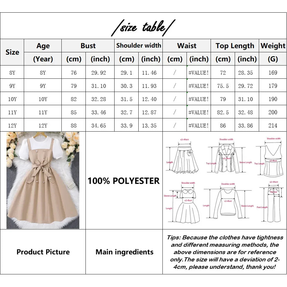 8-12Yrs Girl Dress Summer Khaki and White Short Sleeve Children Dresses Simple Fashion Teen Girl Clothes Party Big KIds Outfit