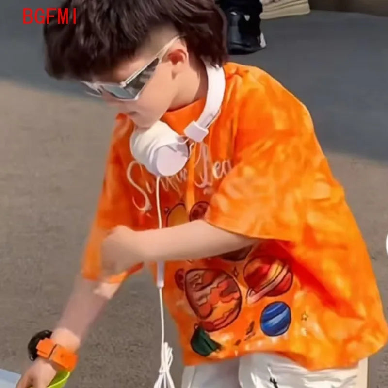 Summer Children's Costume Fashion Boys Clothing New Cartoon Printed Orange Short Sleeved T-shirt White Overalls Shorts 2pcs Set